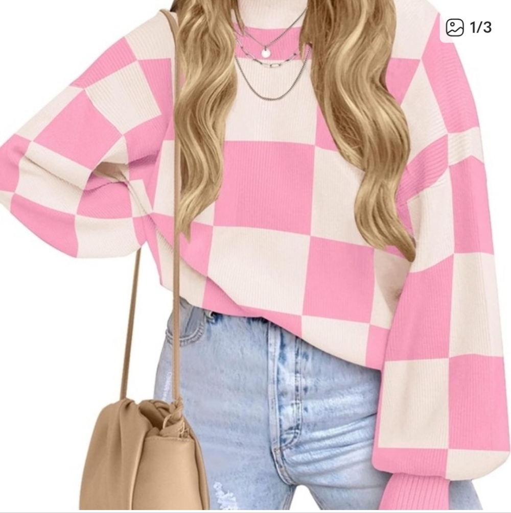 Zesica Pink and Cream Checkered Turtleneck Sweater